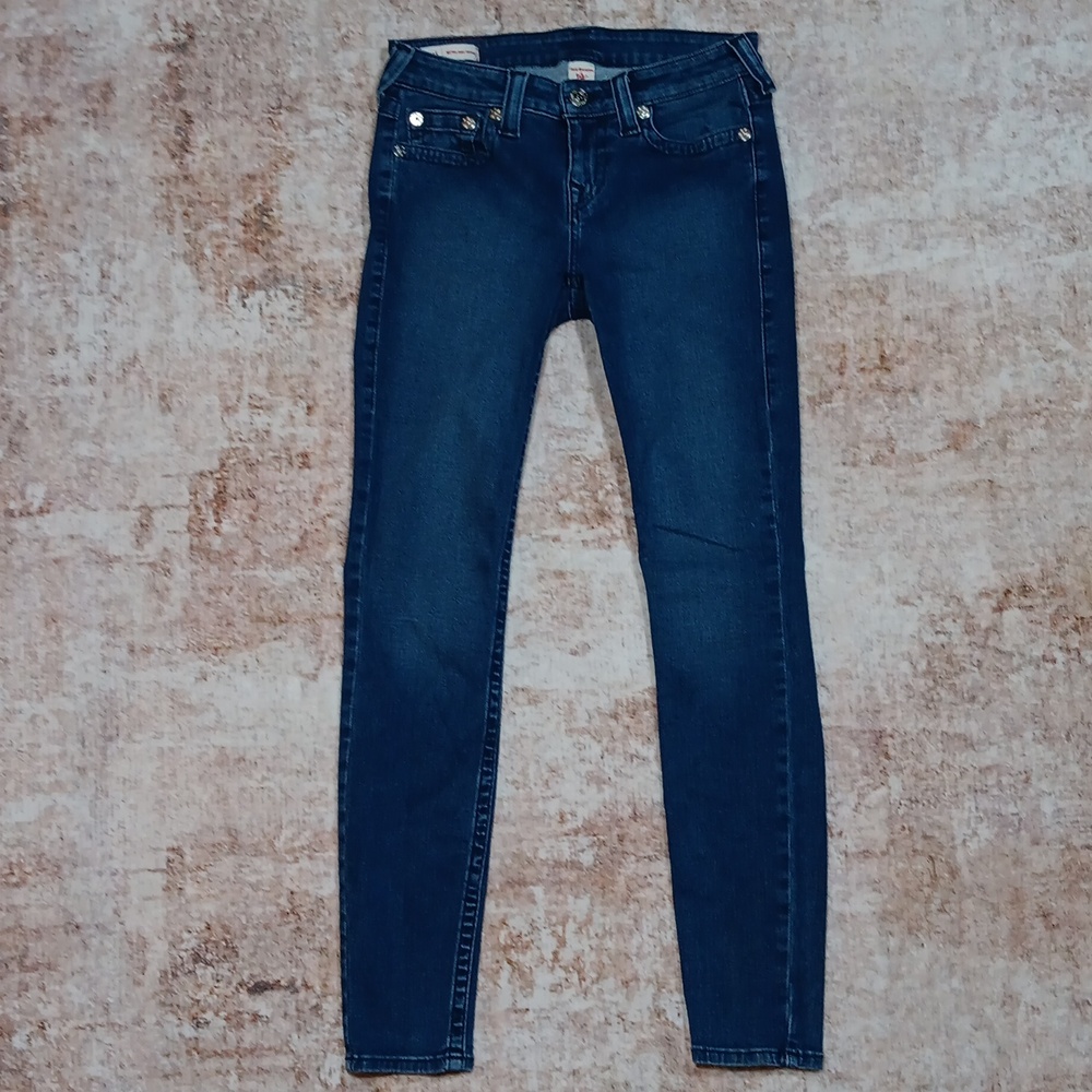 True Religion Halle Mid Rise Super Skinny Dark Wash Jeans Womens Sz 27